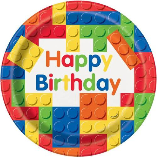 Building Block/Lego Birthday 9" Plates- 8Pc