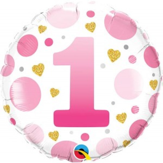 ROUND AGE 1 PINK DOTS 18 INCH FOIL 